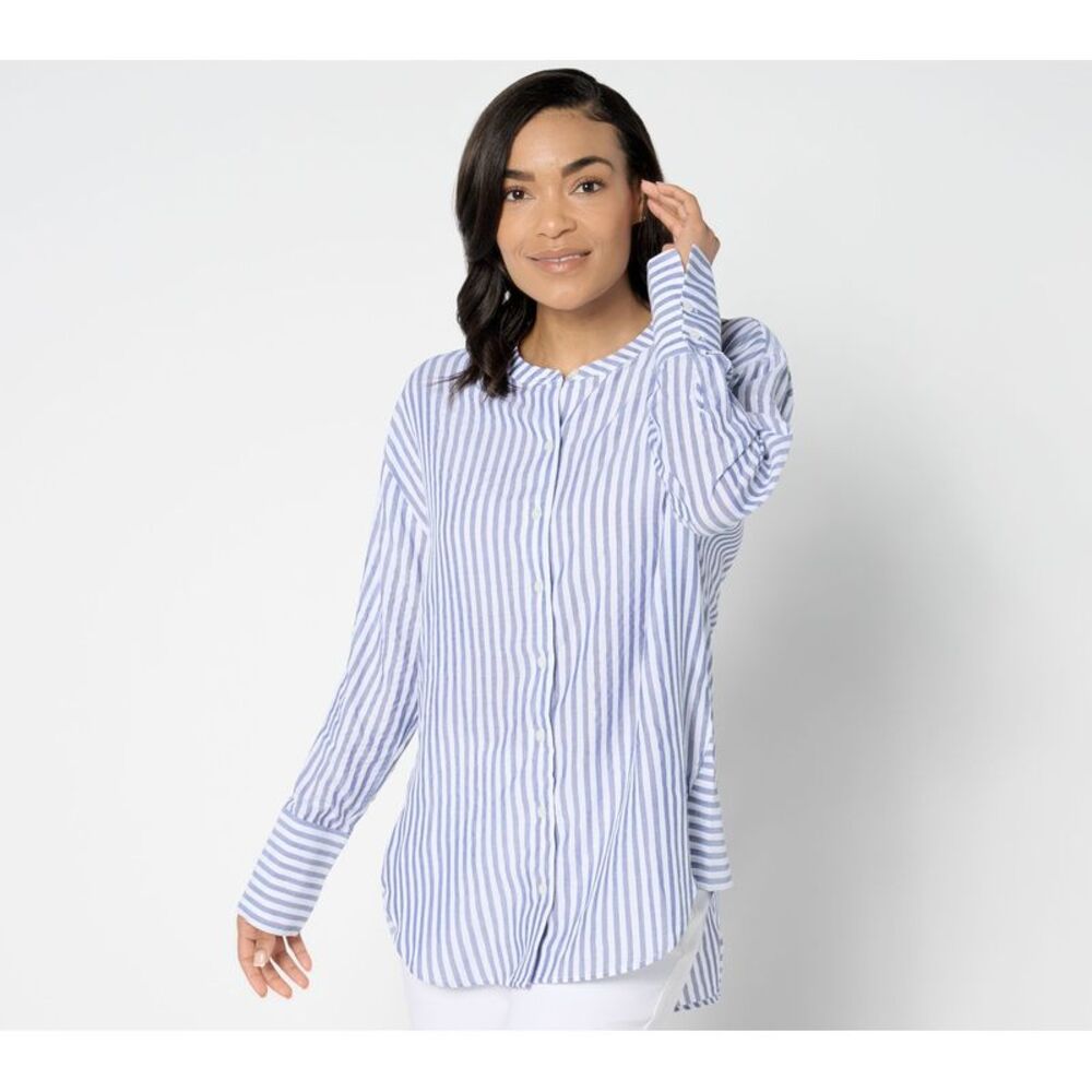Splendid Women's Top Petite 2XP Yarn Dye Stripe Relaxed Tunic w Blue